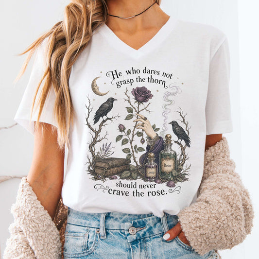 V-neck White / S He Who Dares Not Grasp the Thorn Anne Brontë Literary V-Neck The Mystic Eden