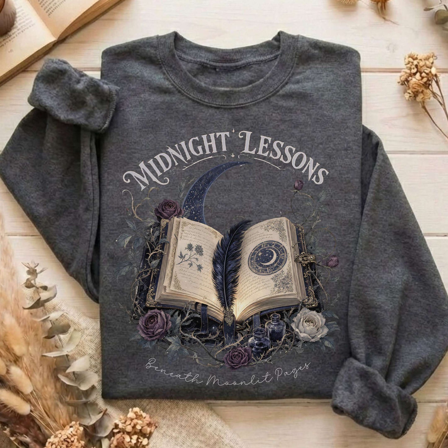 Midnight Lessons Beneath Moonlit Pages Literary Sweatshirt