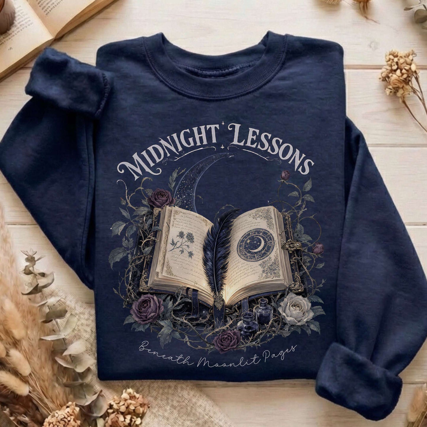 Midnight Lessons Beneath Moonlit Pages Literary Sweatshirt