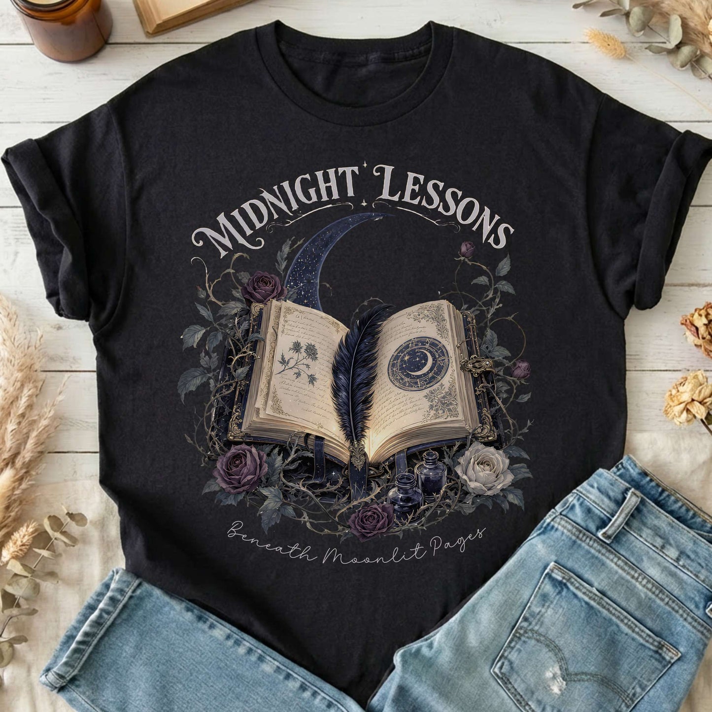 Midnight Lessons Beneath Moonlit Pages Literary T-Shirt