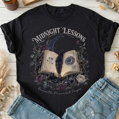 Midnight Lessons Beneath Moonlit Pages Literary T-Shirt