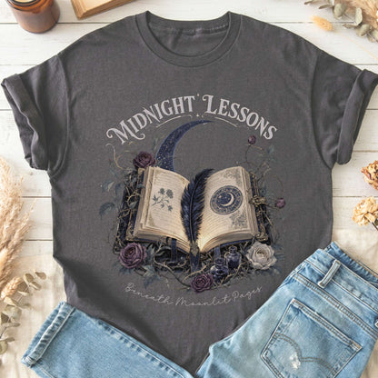 Midnight Lessons Beneath Moonlit Pages Literary T-Shirt