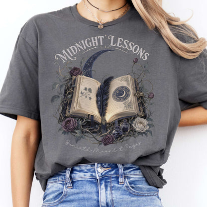 Midnight Lessons Beneath Moonlit Pages Literary T-Shirt