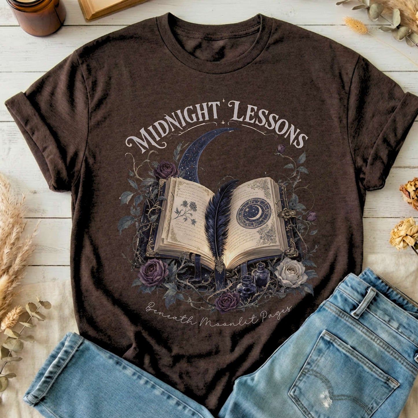 Midnight Lessons Beneath Moonlit Pages Literary T-Shirt