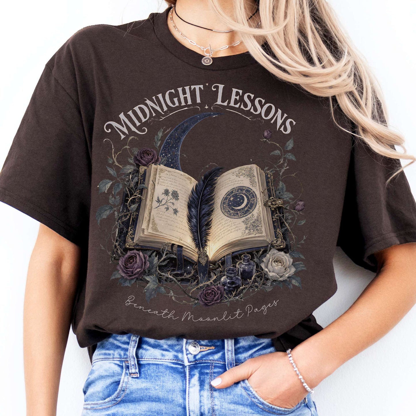 Midnight Lessons Beneath Moonlit Pages Literary T-Shirt