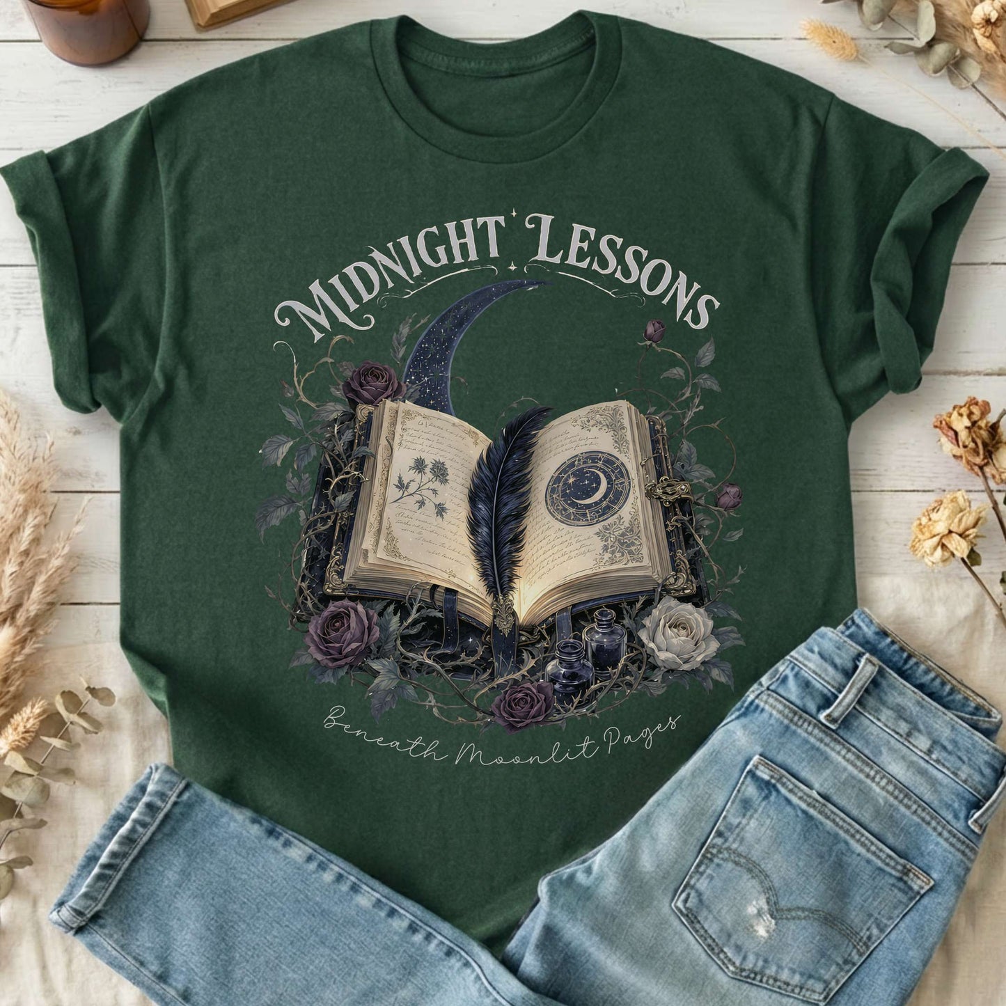 Midnight Lessons Beneath Moonlit Pages Literary T-Shirt