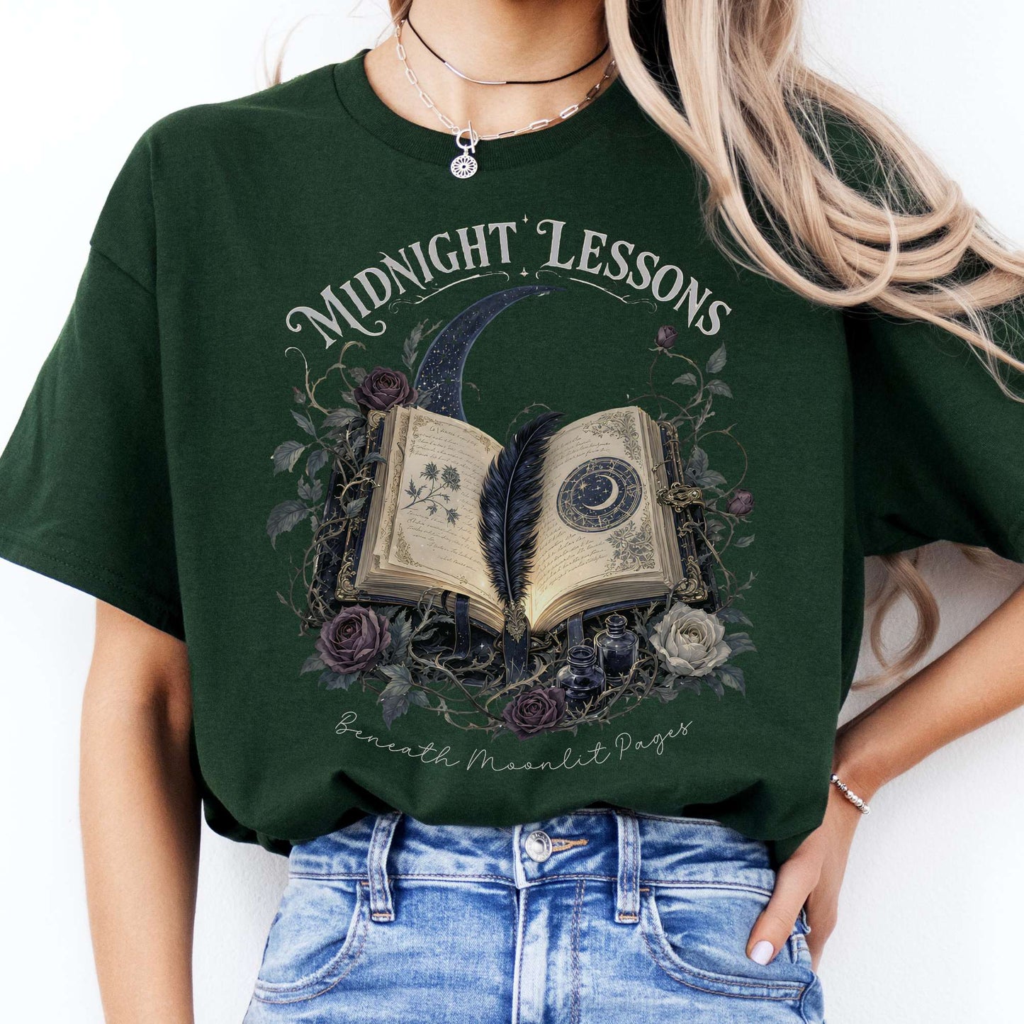 Midnight Lessons Beneath Moonlit Pages Literary T-Shirt