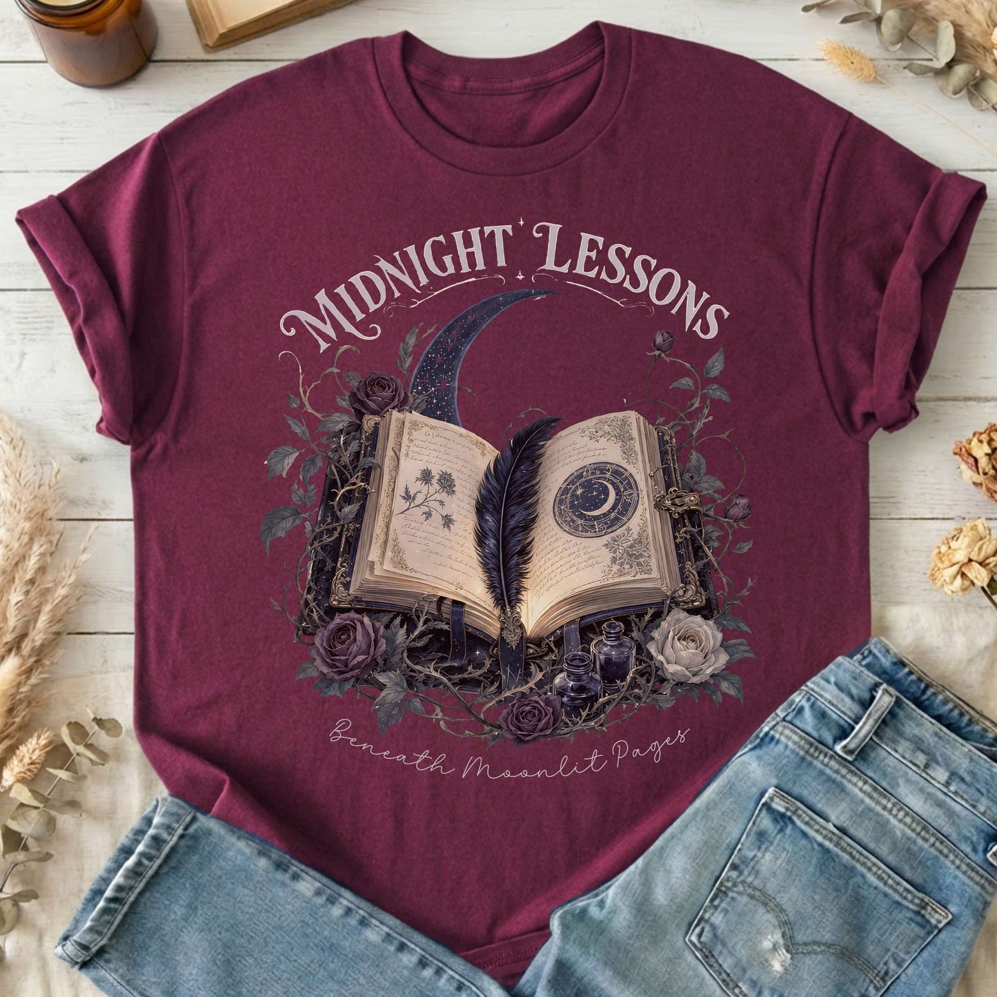 Midnight Lessons Beneath Moonlit Pages Literary T-Shirt