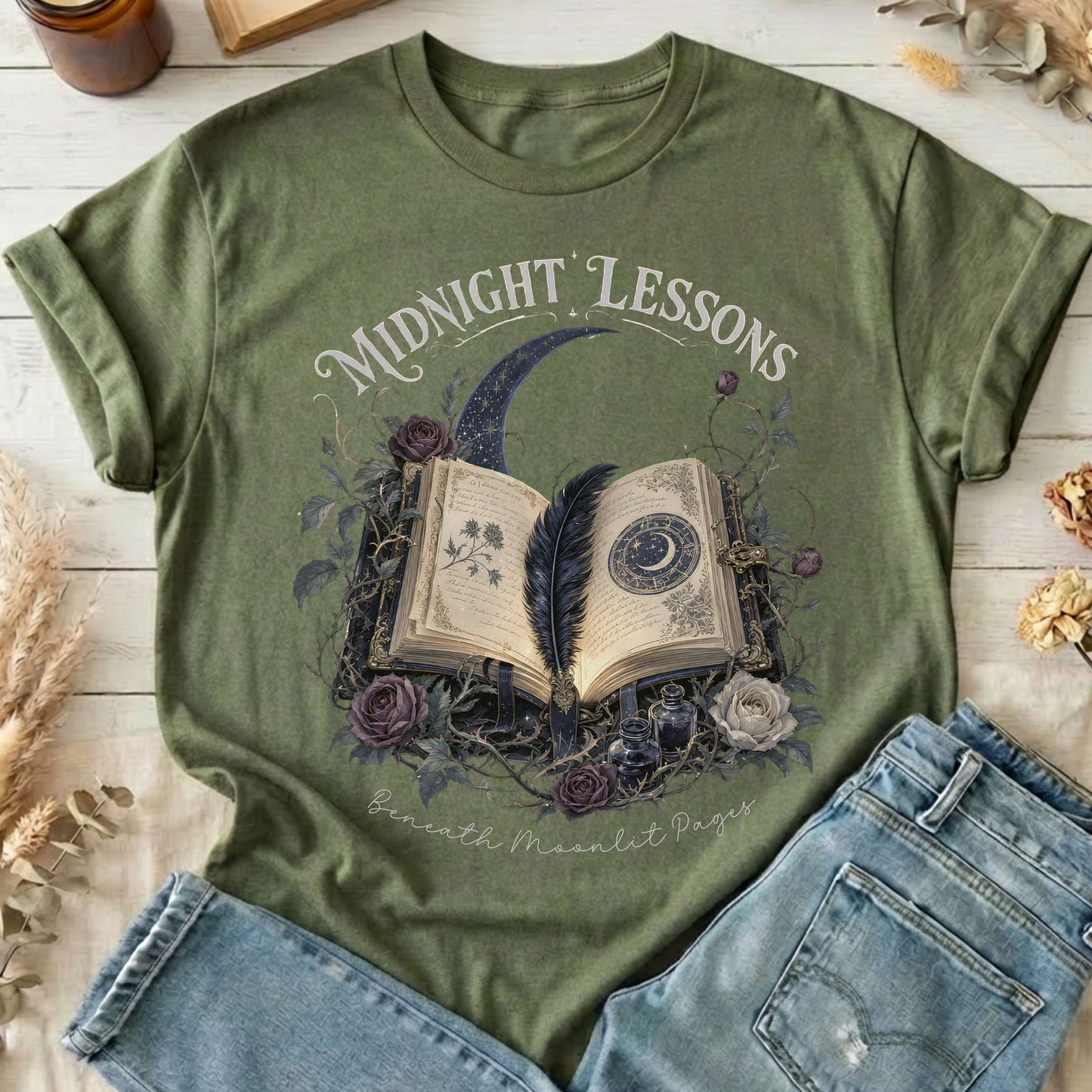 Midnight Lessons Beneath Moonlit Pages Literary T-Shirt