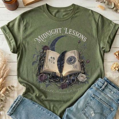 Midnight Lessons Beneath Moonlit Pages Literary T-Shirt