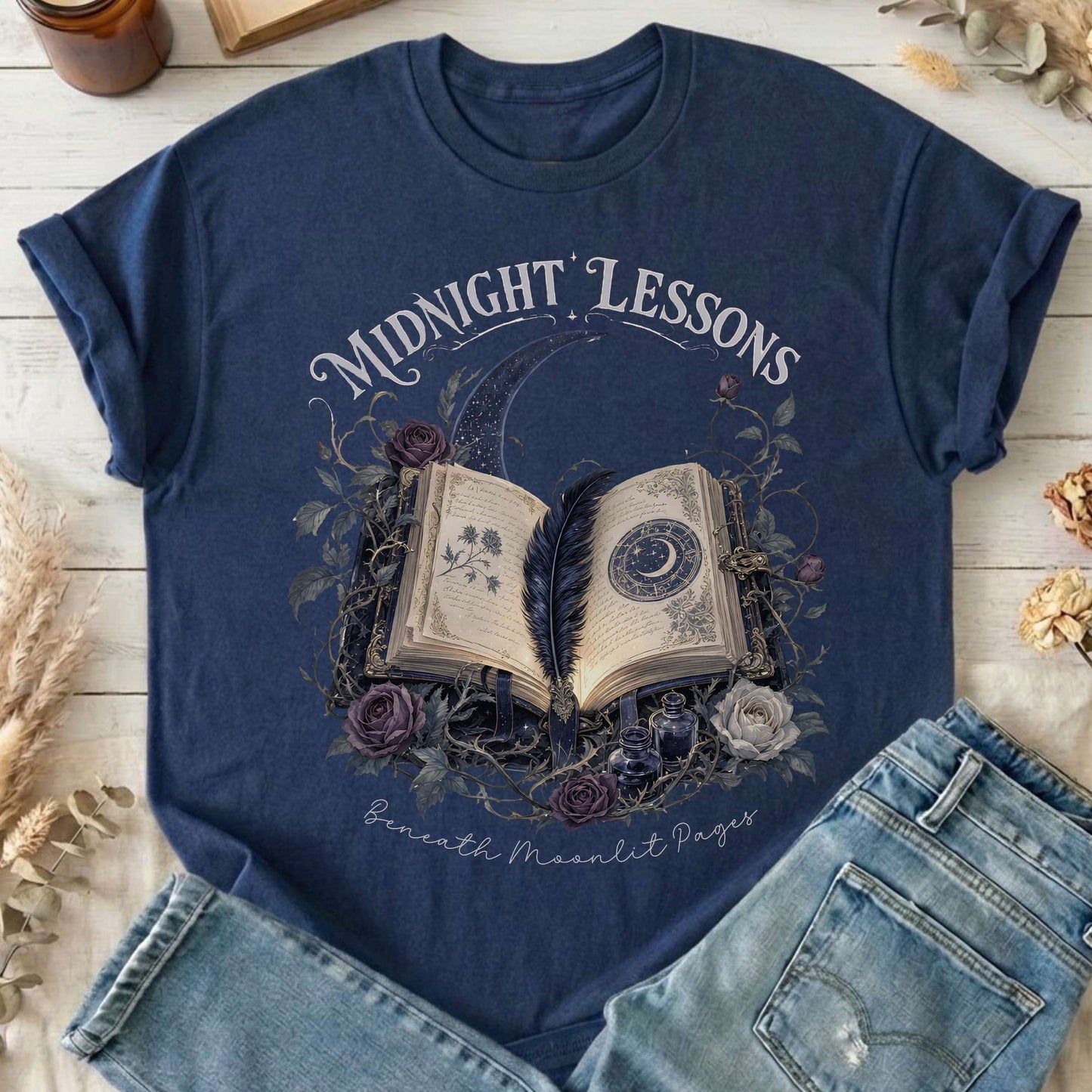 Midnight Lessons Beneath Moonlit Pages Literary T-Shirt