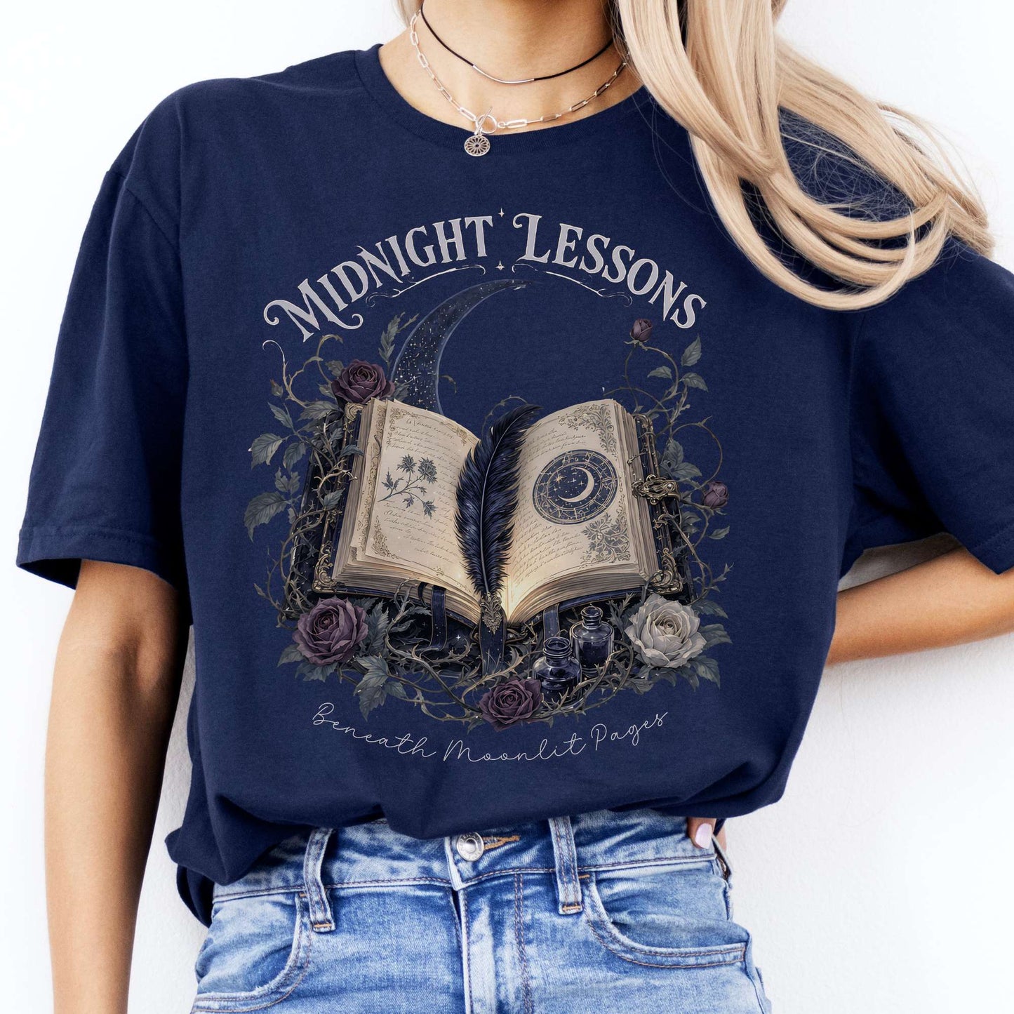Midnight Lessons Beneath Moonlit Pages Literary T-Shirt