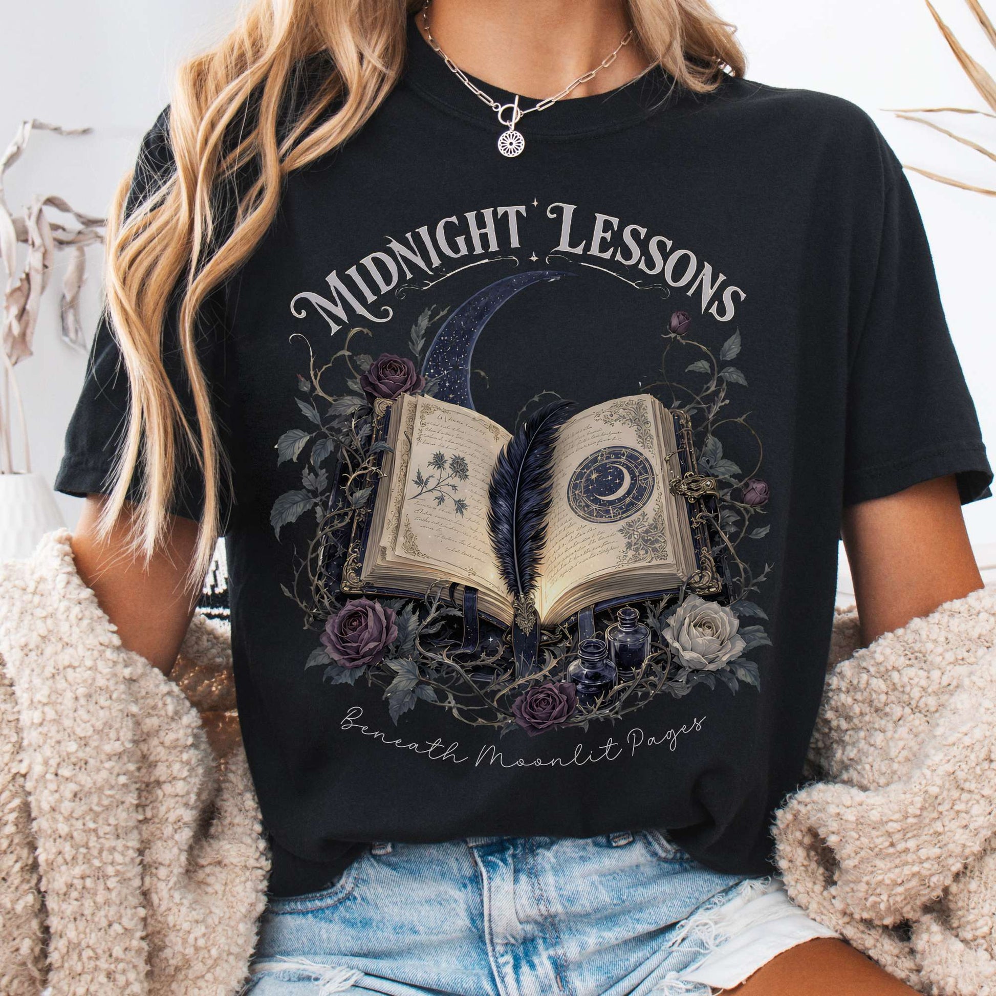 T-Shirt Black / S Midnight Lessons Beneath Moonlit Pages Literary T-Shirt The Mystic Eden