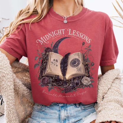 T-Shirt Crimson / S Midnight Lessons Beneath Moonlit Pages Literary T-Shirt The Mystic Eden