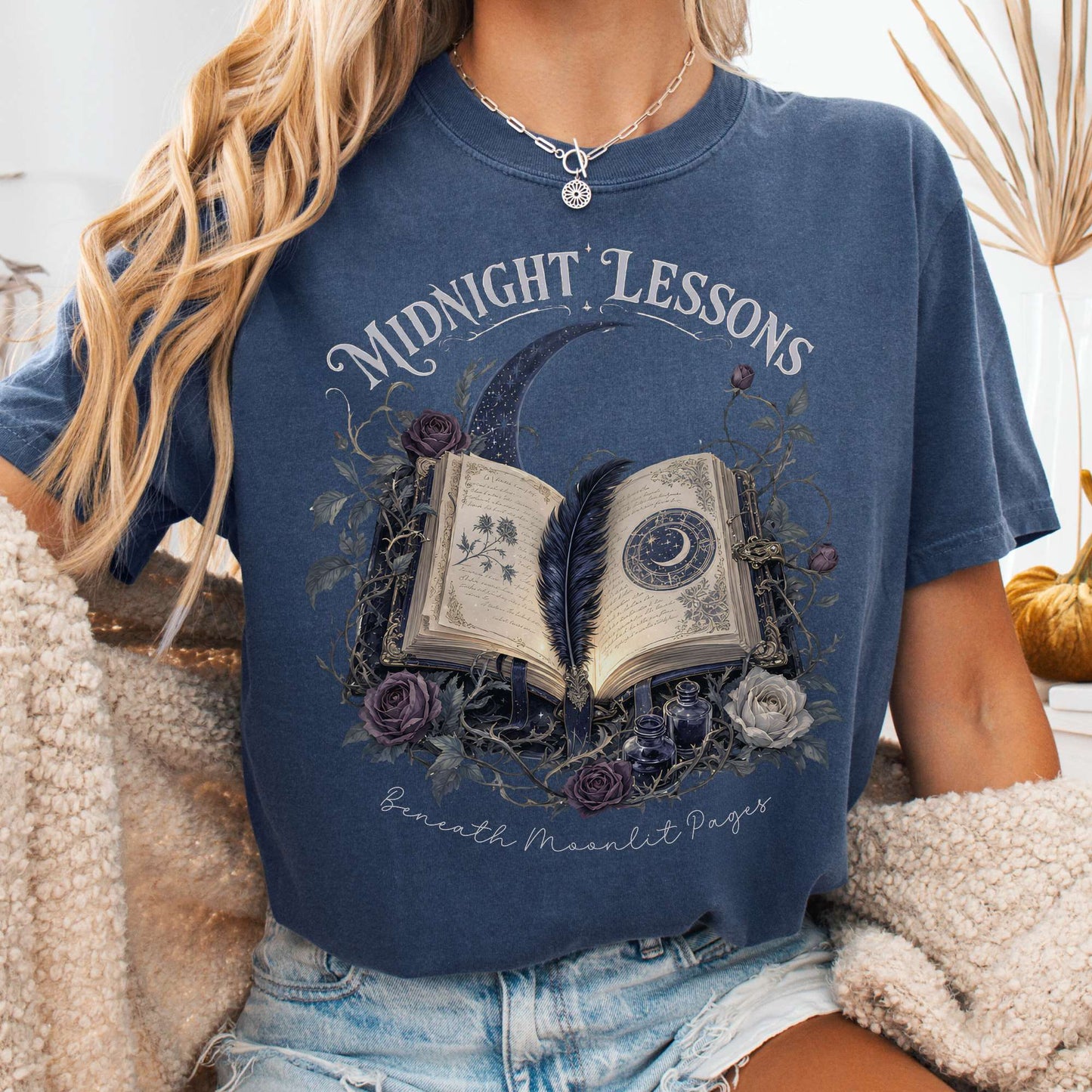 T-Shirt Denim / S Midnight Lessons Beneath Moonlit Pages Literary T-Shirt The Mystic Eden