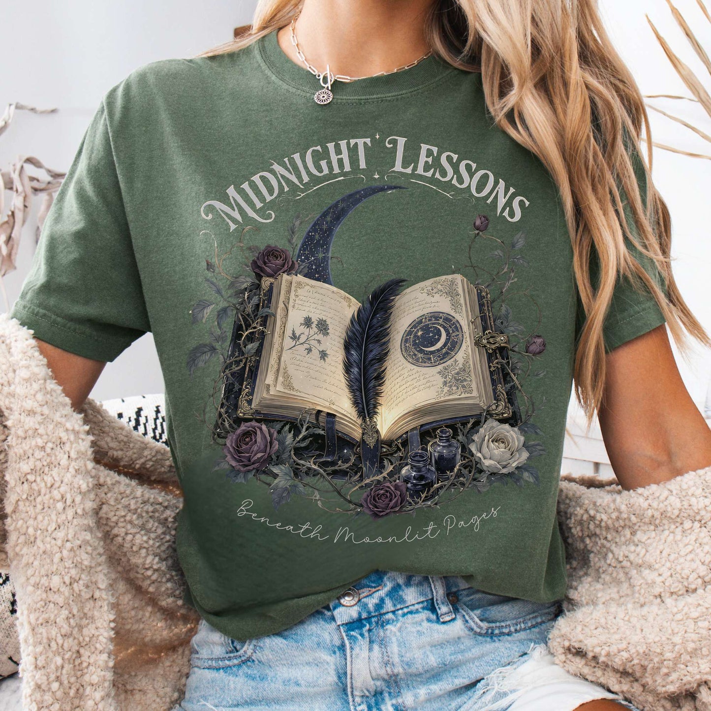 T-Shirt Moss / S Midnight Lessons Beneath Moonlit Pages Literary T-Shirt The Mystic Eden