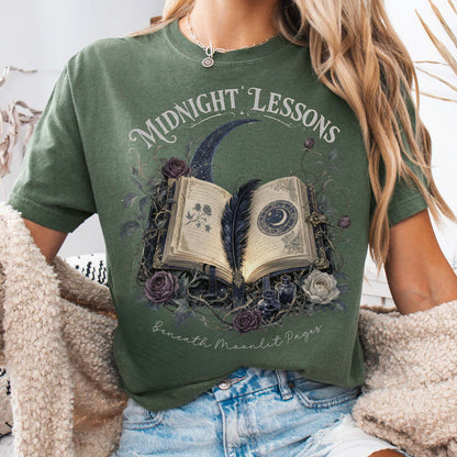 T-Shirt Moss / S Midnight Lessons Beneath Moonlit Pages Literary T-Shirt The Mystic Eden