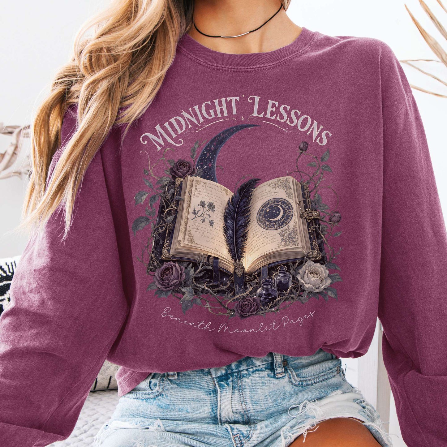 Long-sleeve Berry / S Midnight Lessons Beneath Moonlit Pages Literary Long Sleeve The Mystic Eden