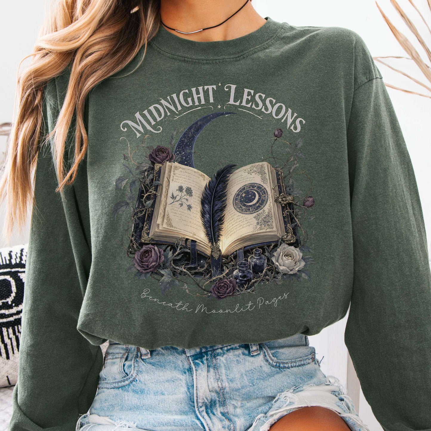 Long-sleeve Hemp / S Midnight Lessons Beneath Moonlit Pages Literary Long Sleeve The Mystic Eden