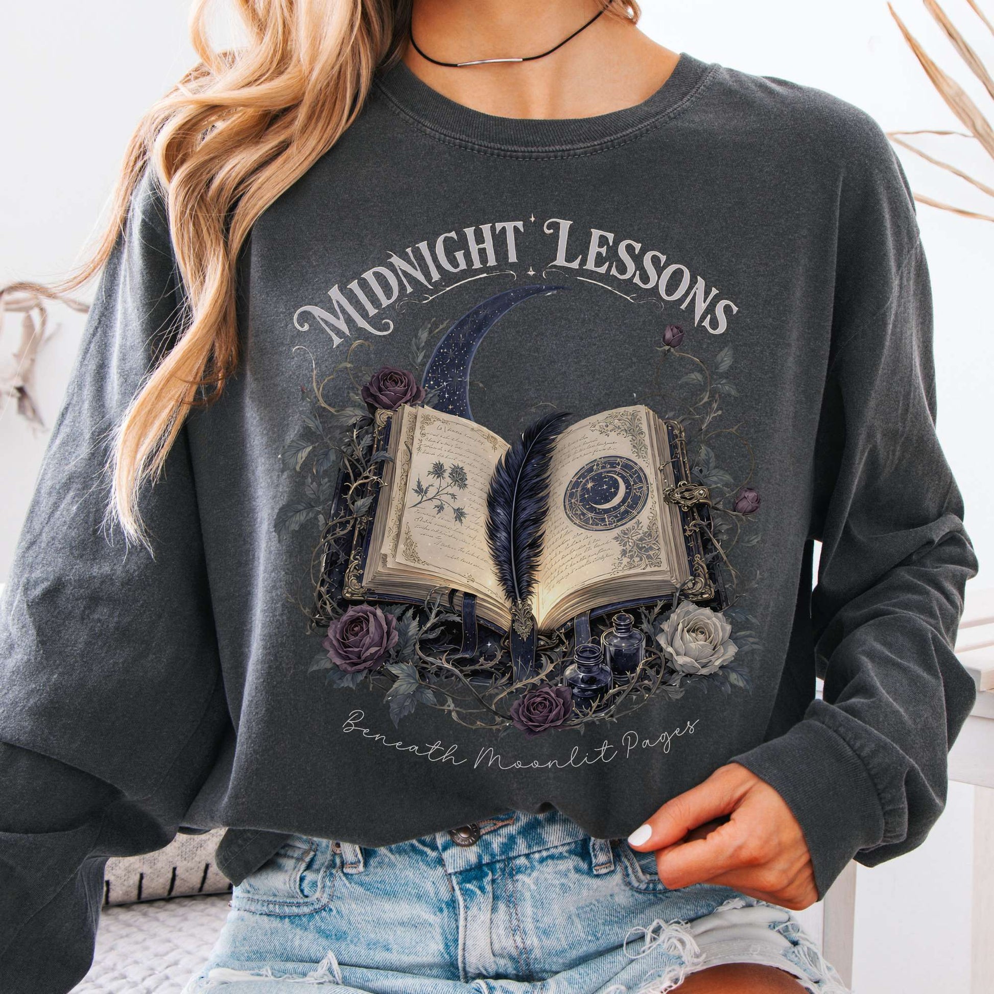 Long-sleeve Pepper / S Midnight Lessons Beneath Moonlit Pages Literary Long Sleeve The Mystic Eden