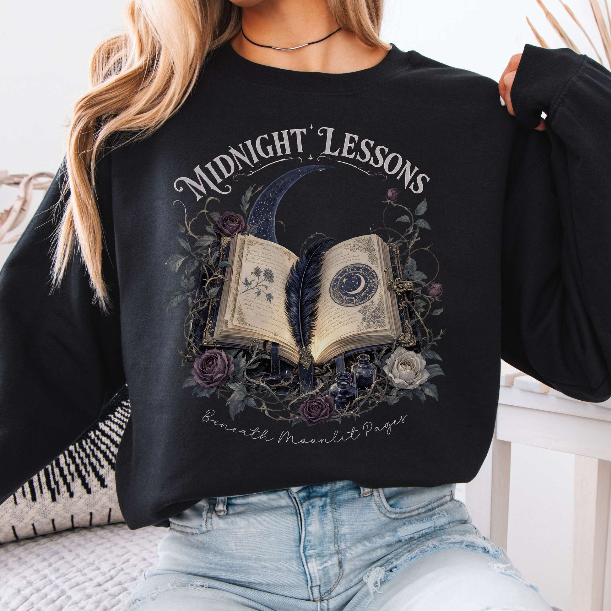 Sweatshirt Black / S Midnight Lessons Beneath Moonlit Pages Literary Crewneck Sweatshirt The Mystic Eden