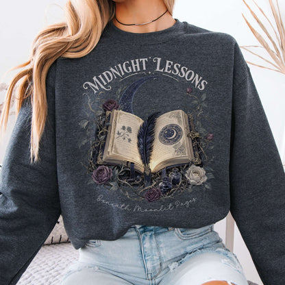 Sweatshirt Dark Heather / S Midnight Lessons Beneath Moonlit Pages Literary Crewneck Sweatshirt The Mystic Eden