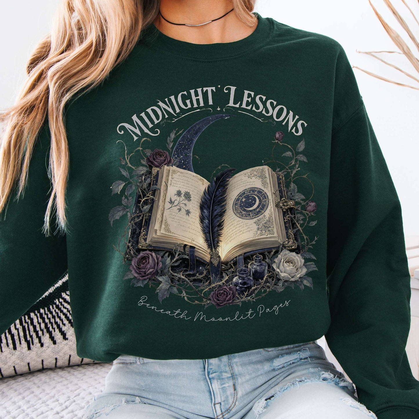 Sweatshirt Forest Green / S Midnight Lessons Beneath Moonlit Pages Literary Crewneck Sweatshirt The Mystic Eden