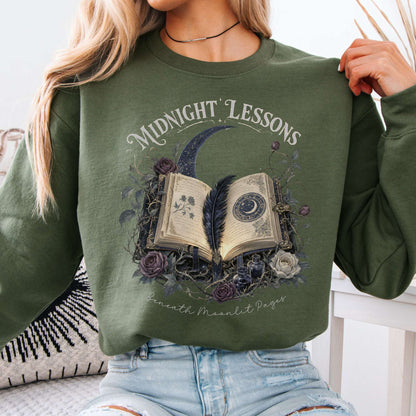 Sweatshirt Military Green / S Midnight Lessons Beneath Moonlit Pages Literary Crewneck Sweatshirt The Mystic Eden
