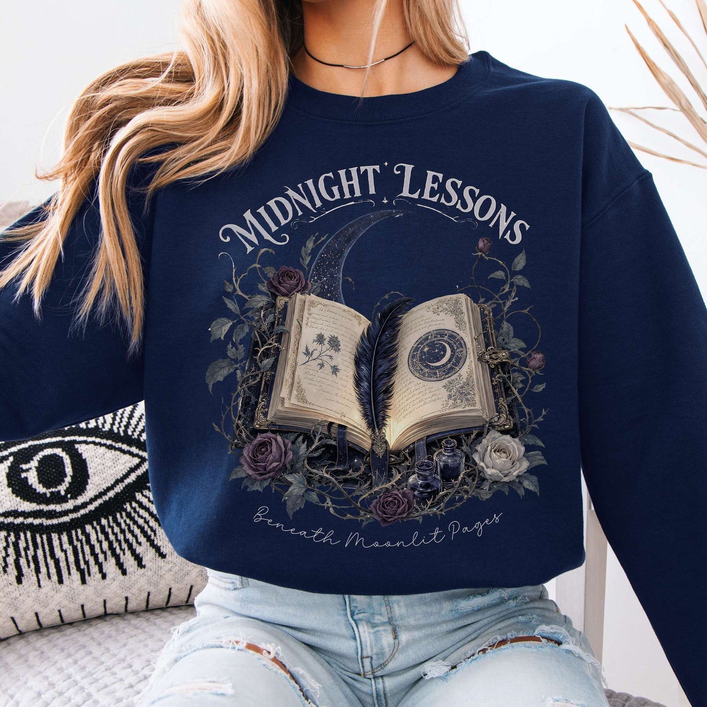 Sweatshirt Navy / S Midnight Lessons Beneath Moonlit Pages Literary Crewneck Sweatshirt The Mystic Eden