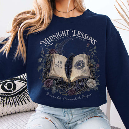 Sweatshirt Navy / S Midnight Lessons Beneath Moonlit Pages Literary Crewneck Sweatshirt The Mystic Eden