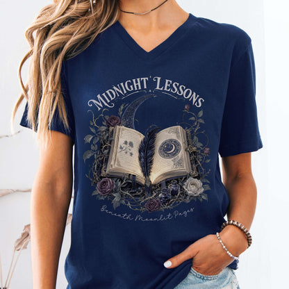 V-neck Navy / S Midnight Lessons Beneath Moonlit Pages Literary V-Neck The Mystic Eden