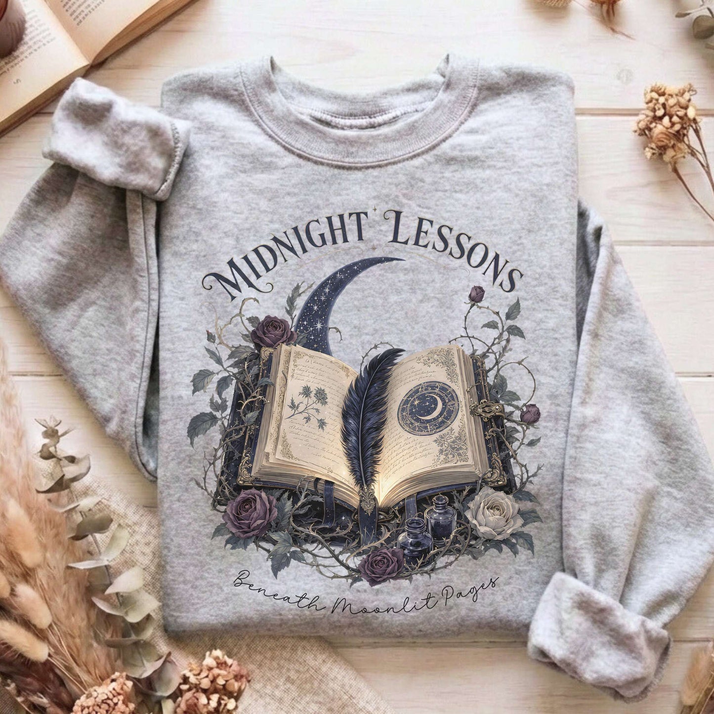Midnight Lessons Beneath Moonlit Pages Literary Sweatshirt