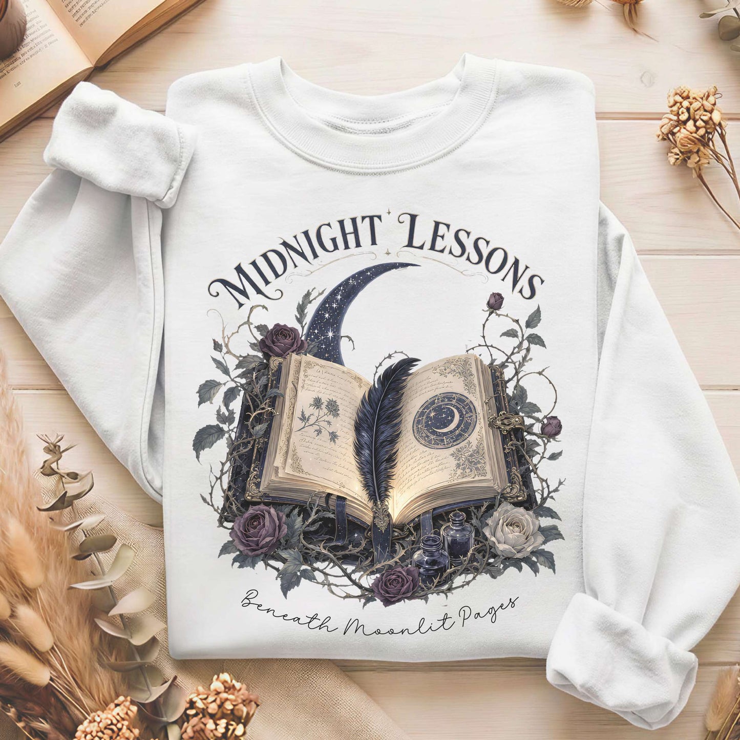 Midnight Lessons Beneath Moonlit Pages Literary Sweatshirt