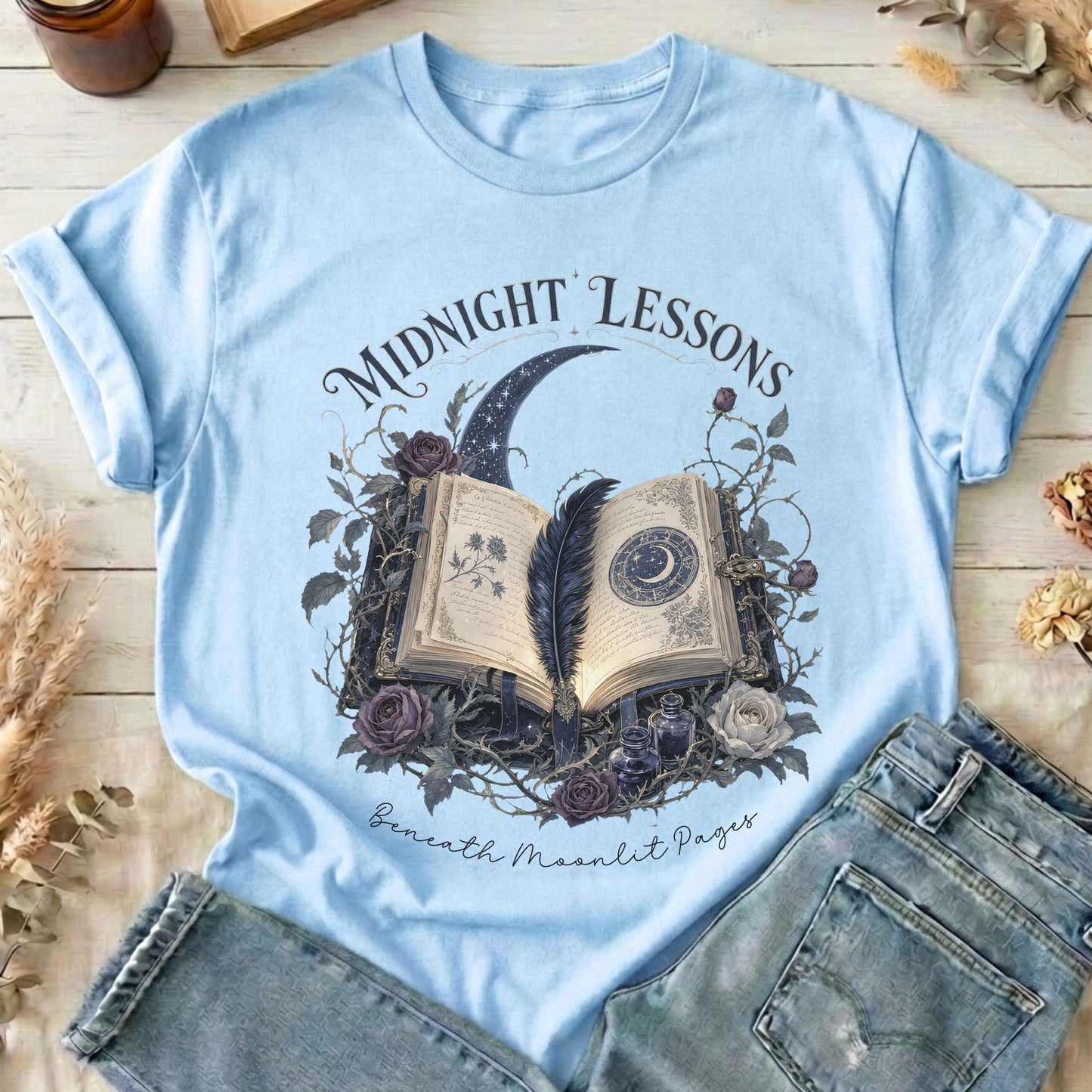 Midnight Lessons Beneath Moonlit Pages Literary T-Shirt