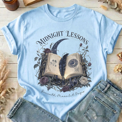 Midnight Lessons Beneath Moonlit Pages Literary T-Shirt