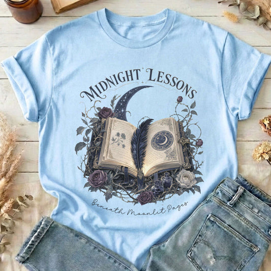 Midnight Lessons Beneath Moonlit Pages Literary T-Shirt