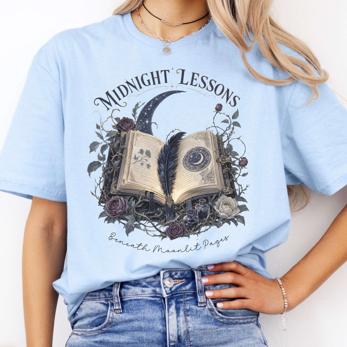 Midnight Lessons Beneath Moonlit Pages Literary T-Shirt