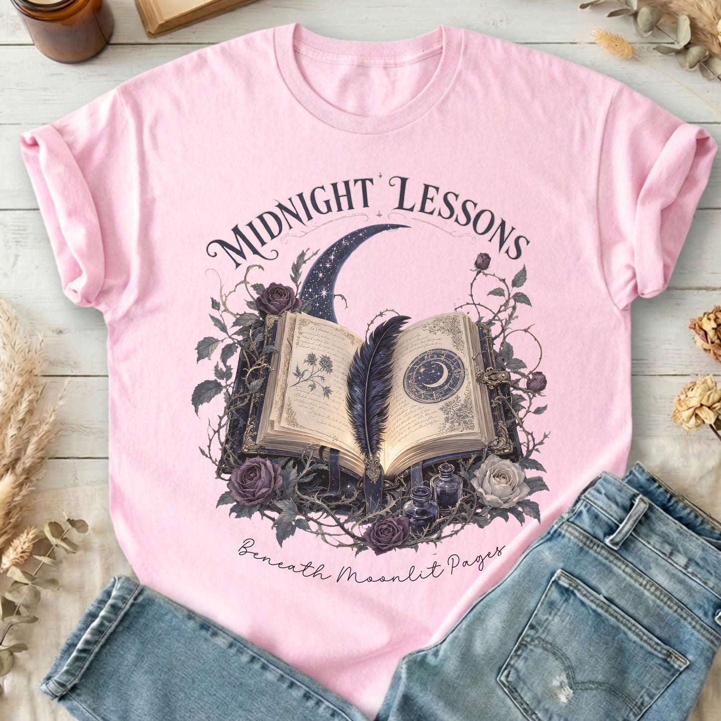 Midnight Lessons Beneath Moonlit Pages Literary T-Shirt