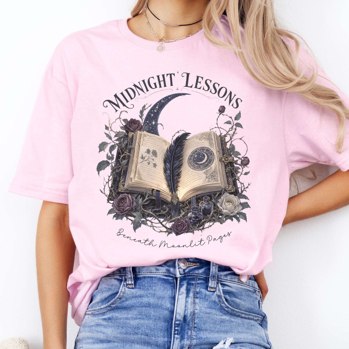 Midnight Lessons Beneath Moonlit Pages Literary T-Shirt