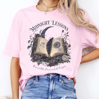 Midnight Lessons Beneath Moonlit Pages Literary T-Shirt