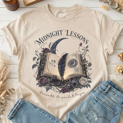Midnight Lessons Beneath Moonlit Pages Literary T-Shirt