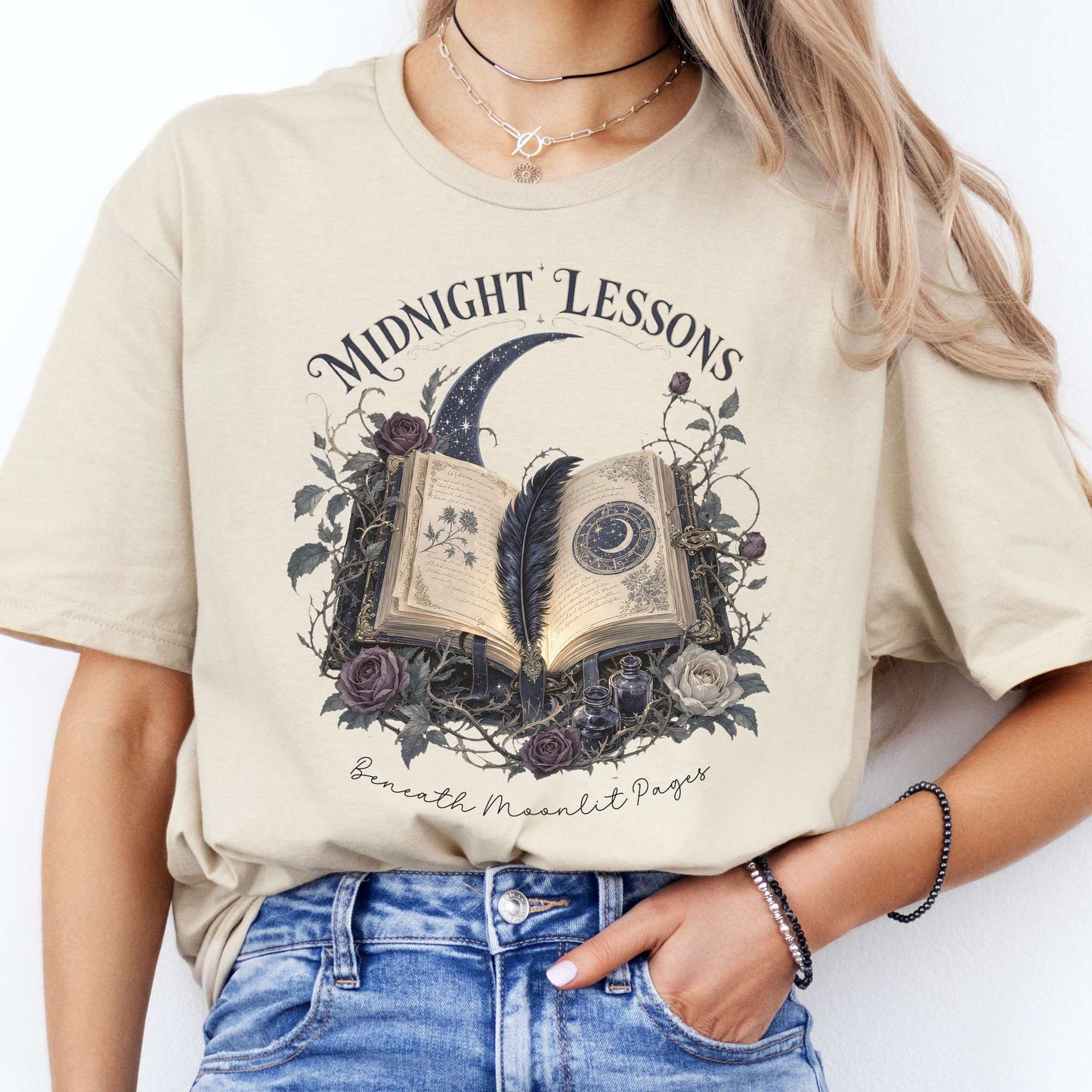 Midnight Lessons Beneath Moonlit Pages Literary T-Shirt