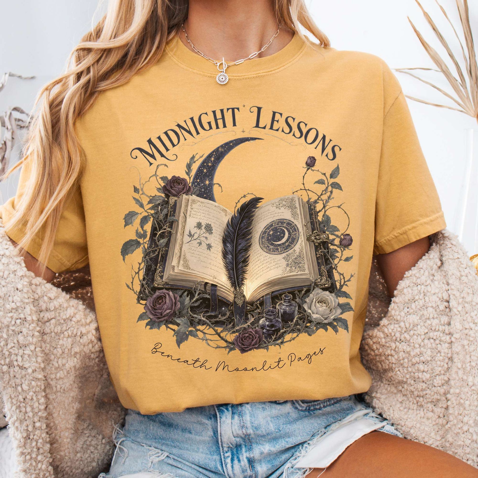 T-Shirt Mustard / S Midnight Lessons Beneath Moonlit Pages Literary T-Shirt The Mystic Eden