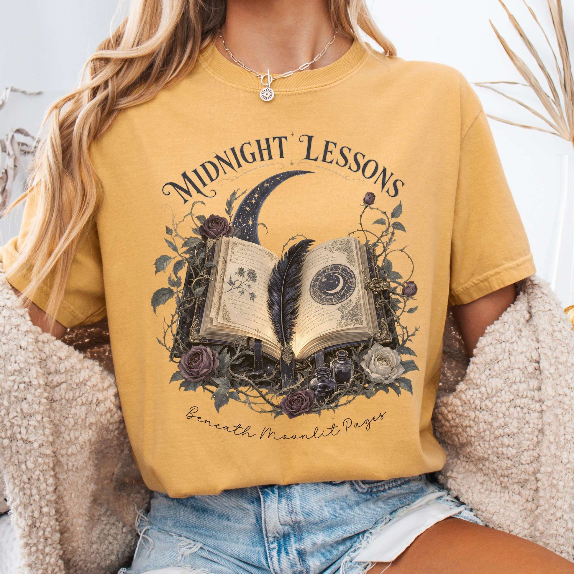 T-Shirt Mustard / S Midnight Lessons Beneath Moonlit Pages Literary T-Shirt The Mystic Eden
