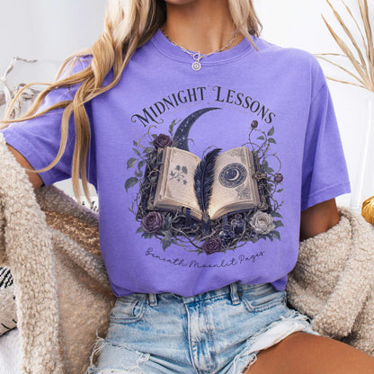T-Shirt Violet / S Midnight Lessons Beneath Moonlit Pages Literary T-Shirt The Mystic Eden