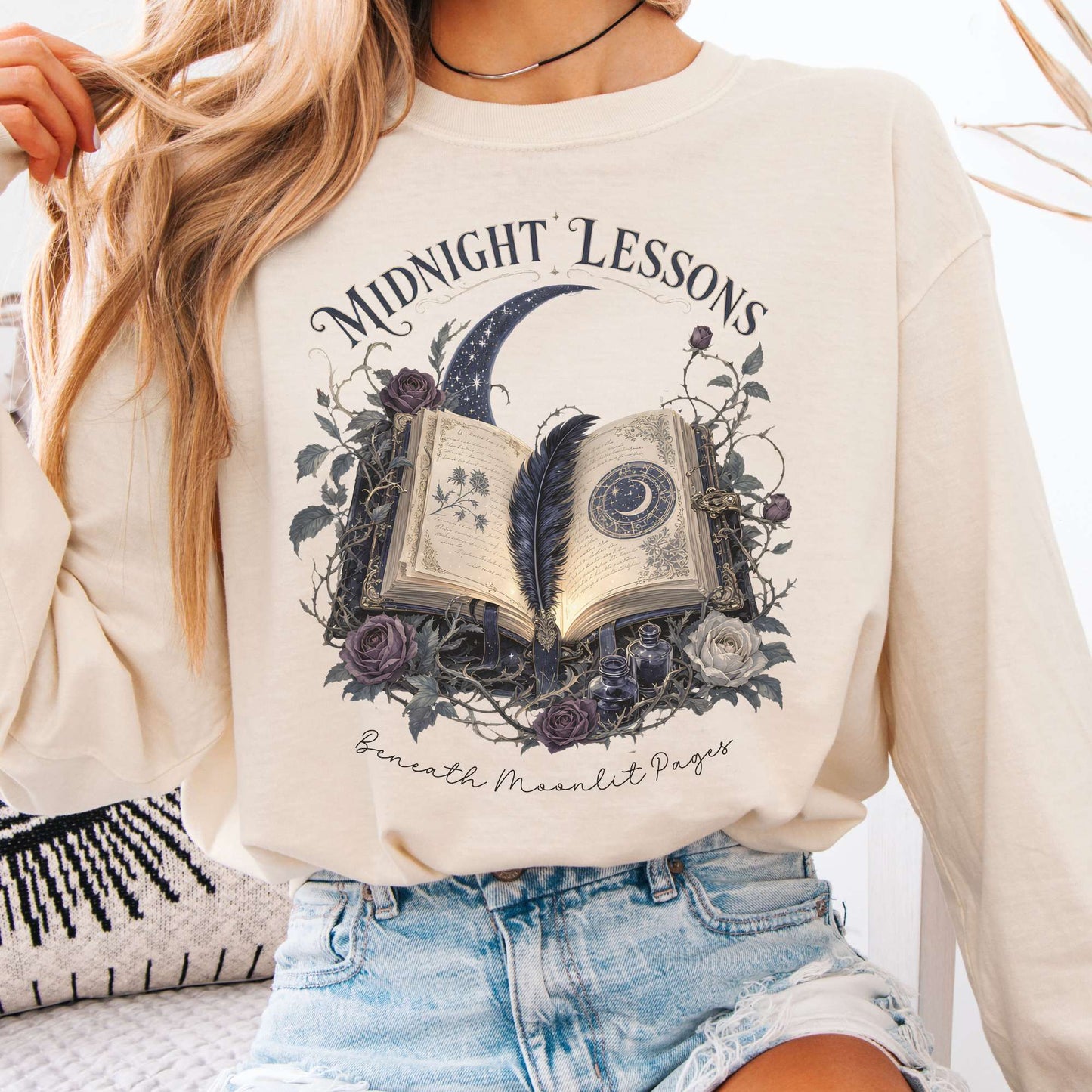 Long-sleeve Ivory / S Midnight Lessons Beneath Moonlit Pages Literary Long Sleeve The Mystic Eden