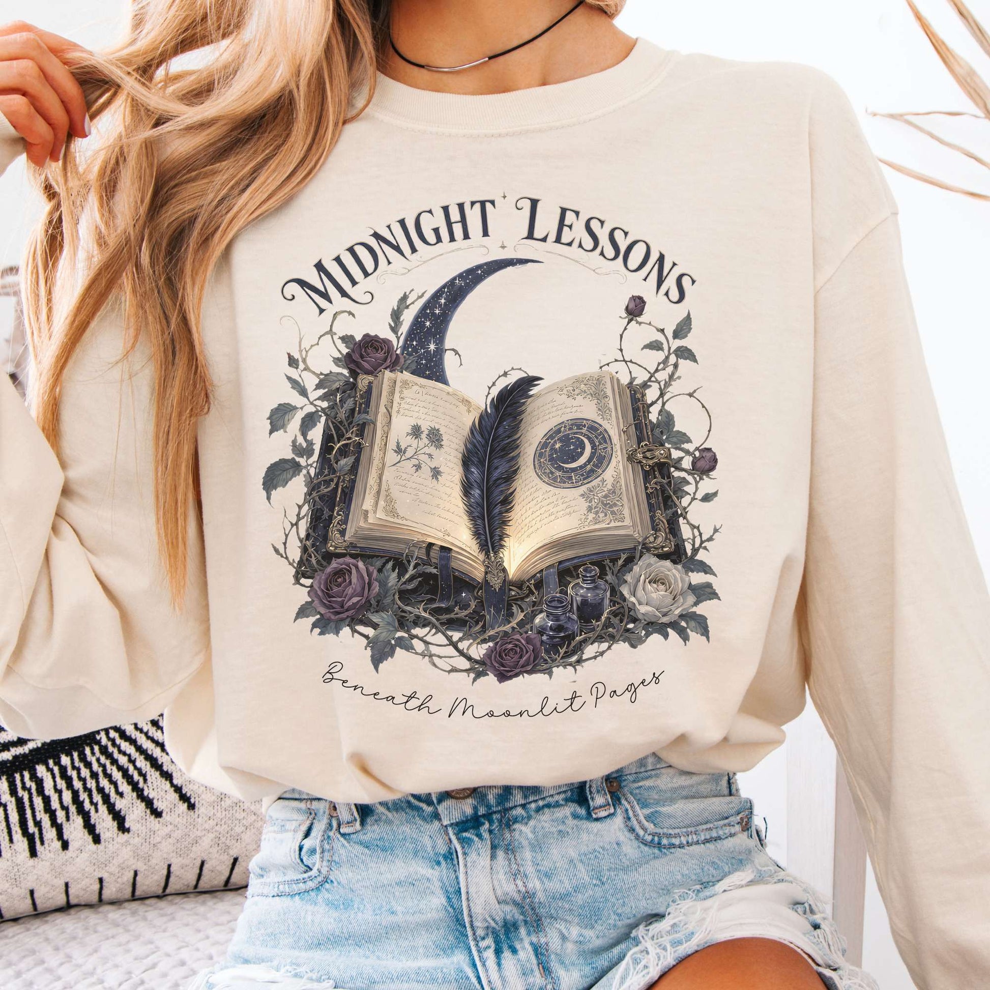 Long-sleeve Ivory / S Midnight Lessons Beneath Moonlit Pages Literary Long Sleeve The Mystic Eden