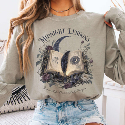 Long-sleeve Sandstone / S Midnight Lessons Beneath Moonlit Pages Literary Long Sleeve The Mystic Eden