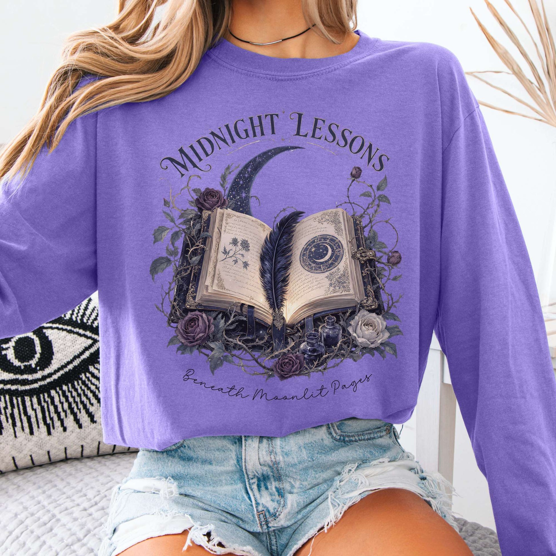 Long-sleeve Violet / S Midnight Lessons Beneath Moonlit Pages Literary Long Sleeve The Mystic Eden