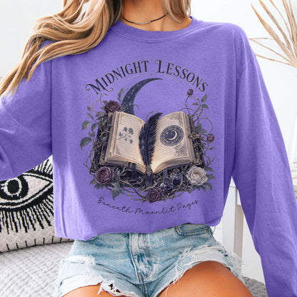 Long-sleeve Violet / S Midnight Lessons Beneath Moonlit Pages Literary Long Sleeve The Mystic Eden